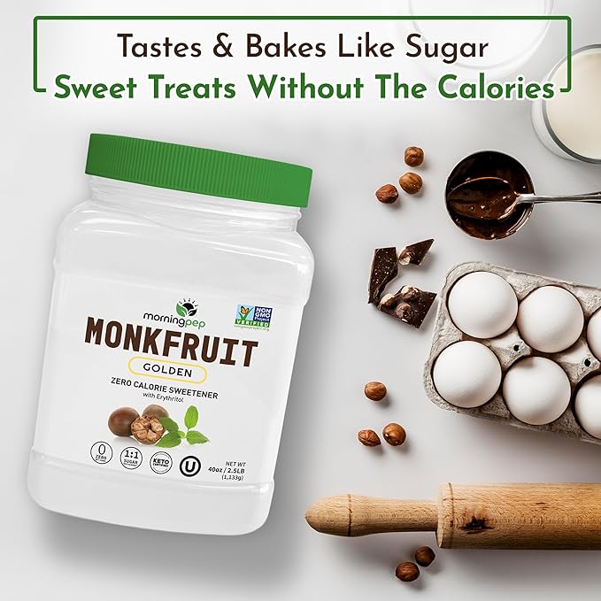 Morning Pep Monk Fruit Sweetener, golden Sugar Substitute Keto Friendly, 1:1 Sugar Replacement, Zero Calorie, Non-GMO, Kosher, Golden