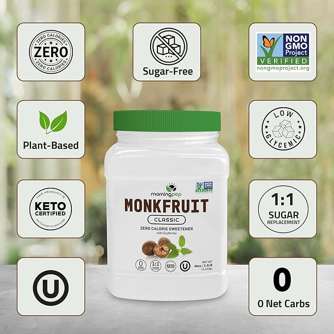 Morning Pep Monk Fruit Sweetener, Classic | White Sugar Substitute, Keto Diet Friendly, 1:1 Sugar Replacement, For Baking, Coffee, Tea, Zero Calorie Non Gmo Project Verified, OU Kosher, White