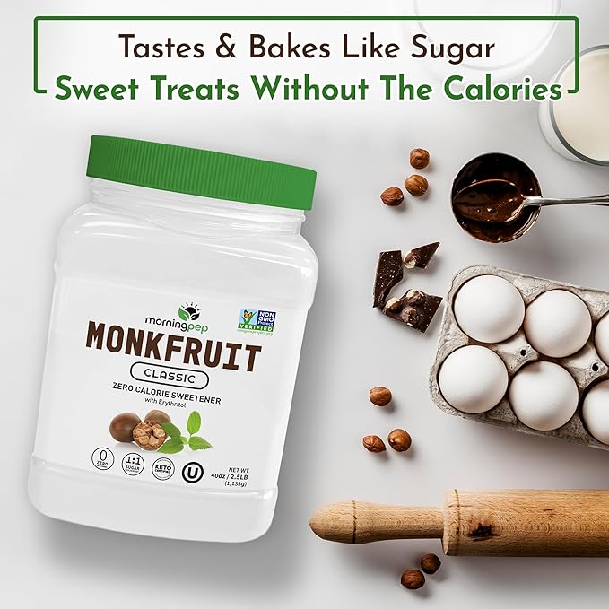 Morning Pep Monk Fruit Sweetener, Classic | White Sugar Substitute, Keto Diet Friendly, 1:1 Sugar Replacement, For Baking, Coffee, Tea, Zero Calorie Non Gmo Project Verified, OU Kosher, White