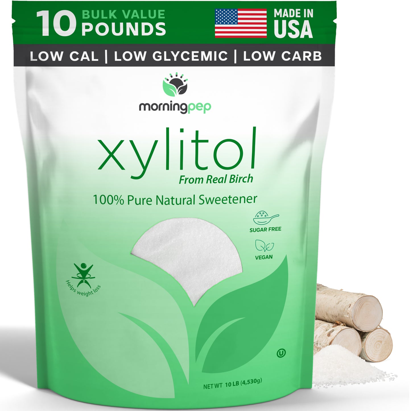 Morning Pep USA Made Birch Xylitol Sweetener Keto Diet Friendly Sugar with no Aftertaste (Not from Corn) Non GMO Gluten Free