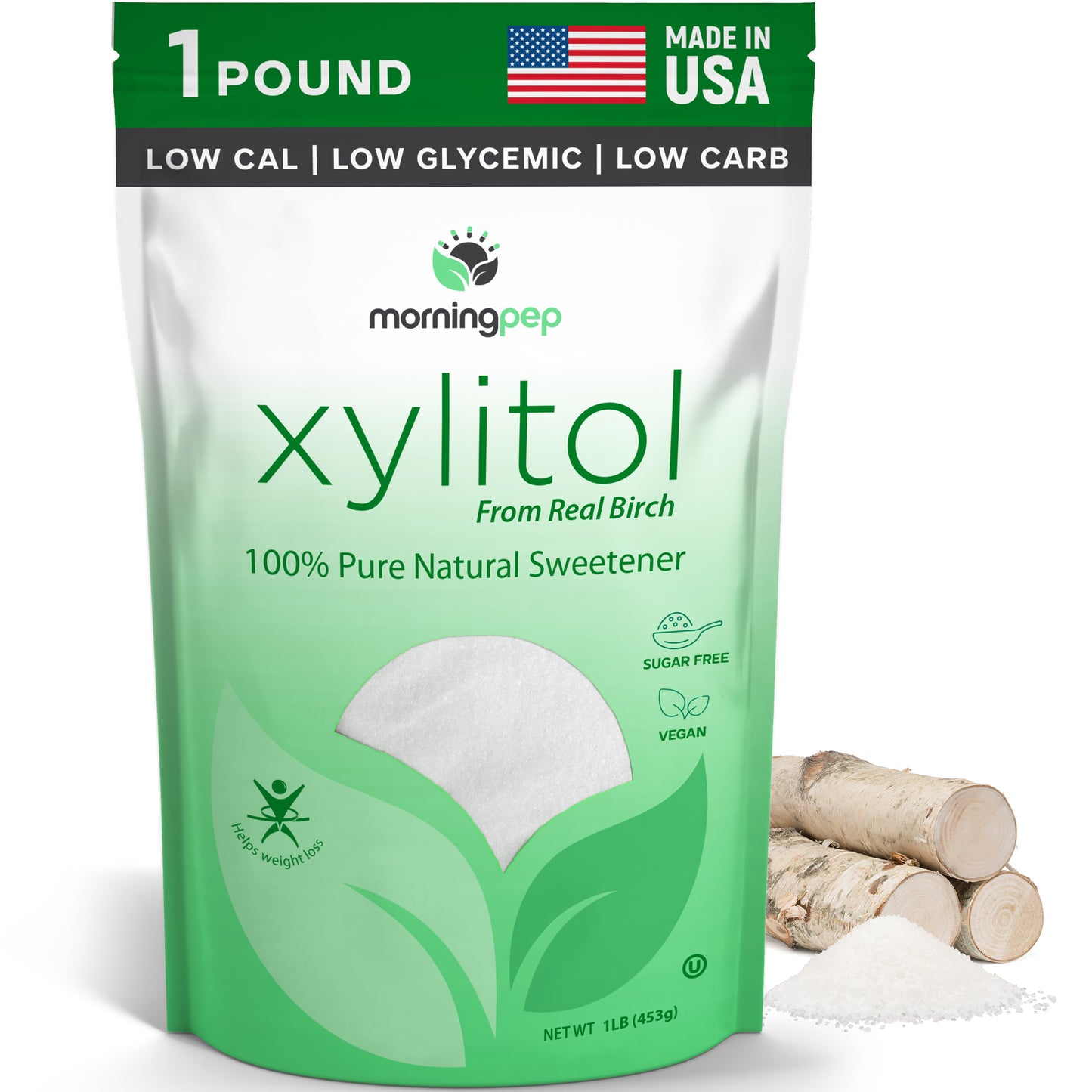 Morning Pep USA Made Birch Xylitol Sweetener Keto Diet Friendly Sugar with no Aftertaste (Not from Corn) Non GMO Gluten Free