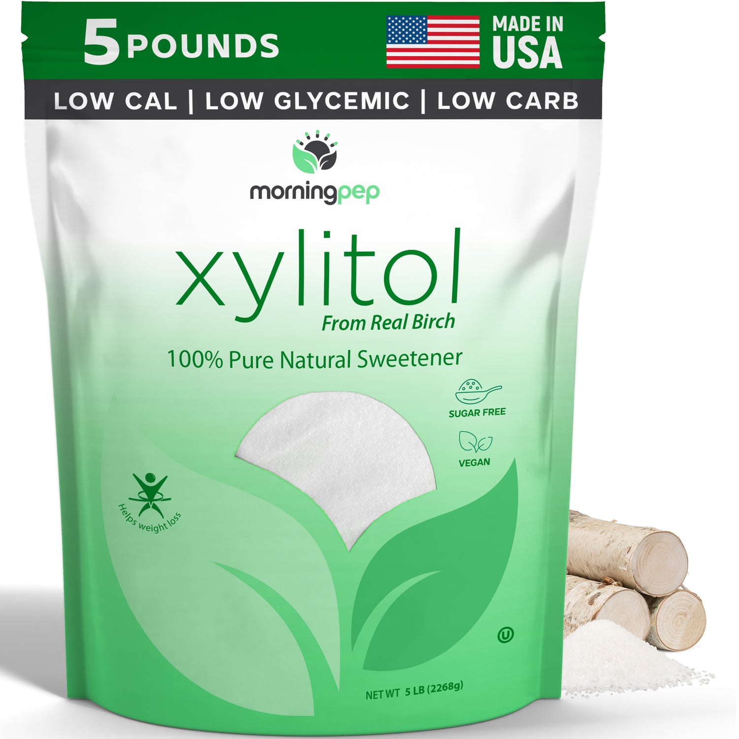 Morning Pep USA Made Birch Xylitol Sweetener Keto Diet Friendly Sugar with no Aftertaste (Not from Corn) Non GMO Gluten Free