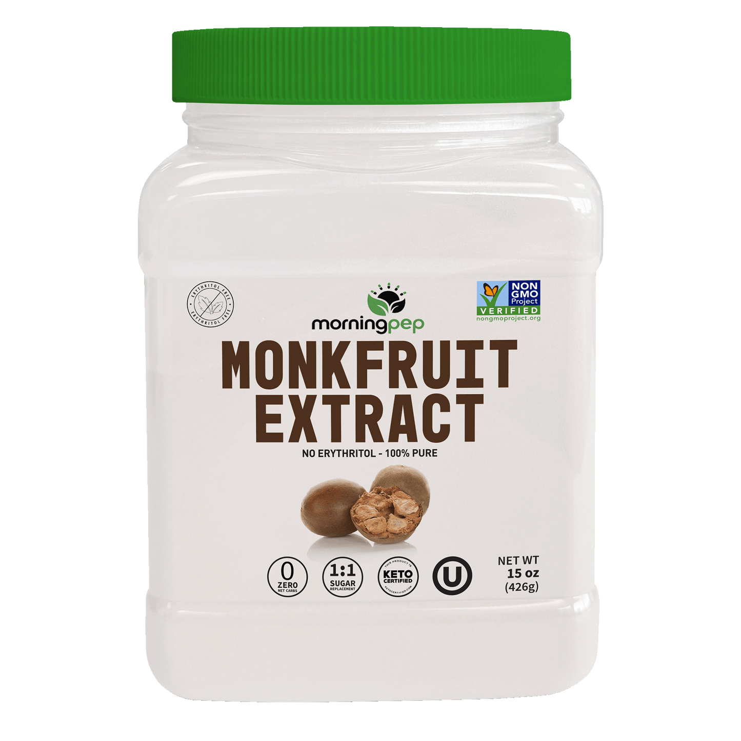 Morning Pep 100% Pure Monk Fruit extract sweetener, No Erythritol, Monkfruit Extract Powder, NON-GMO Project Verified, Keto Certified, OU kosher, No Fillers Zero Calories