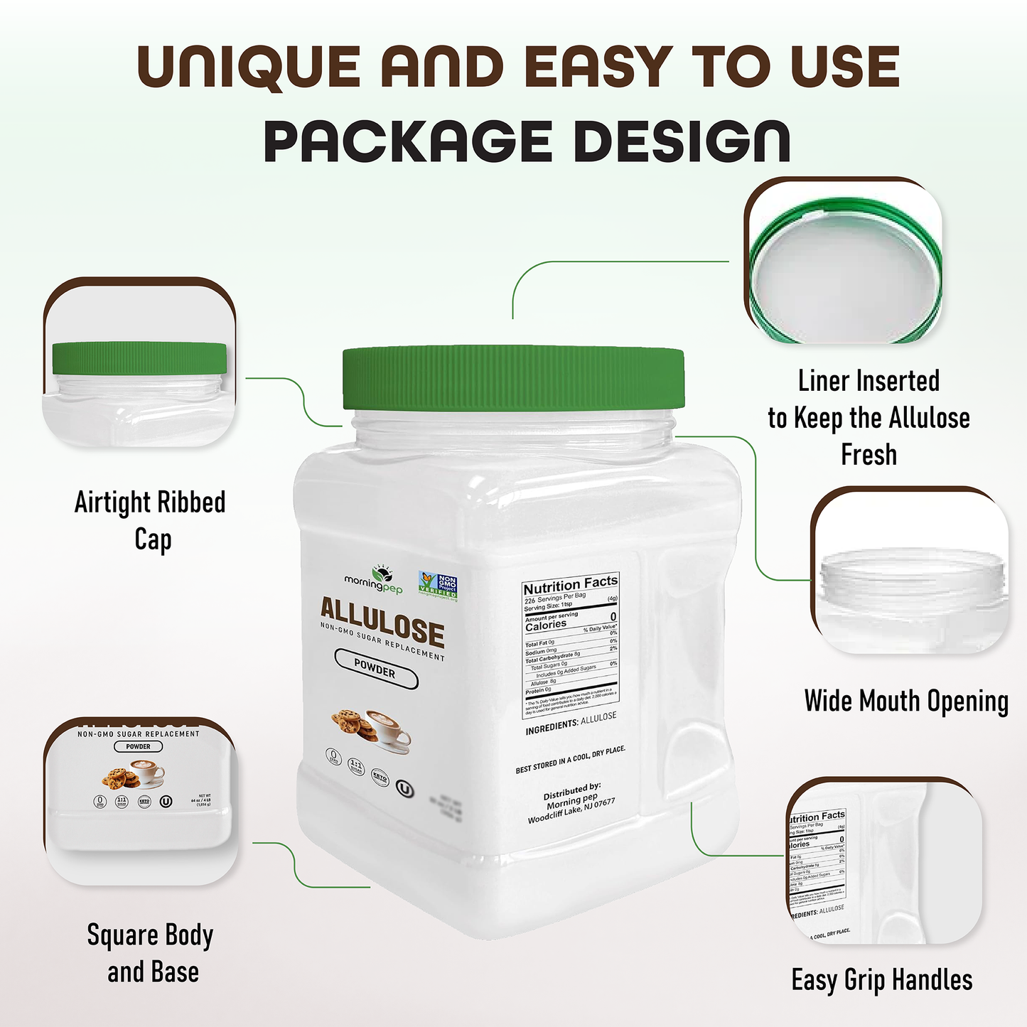 Morning Pep Allulose Sweetener – Zero Calorie Sugar Alternative, 100% Pure, No Erythritol, Non-GMO Project Verified, Keto Certified, OU Kosher, No Fillers, Ideal for Baking and Beverages