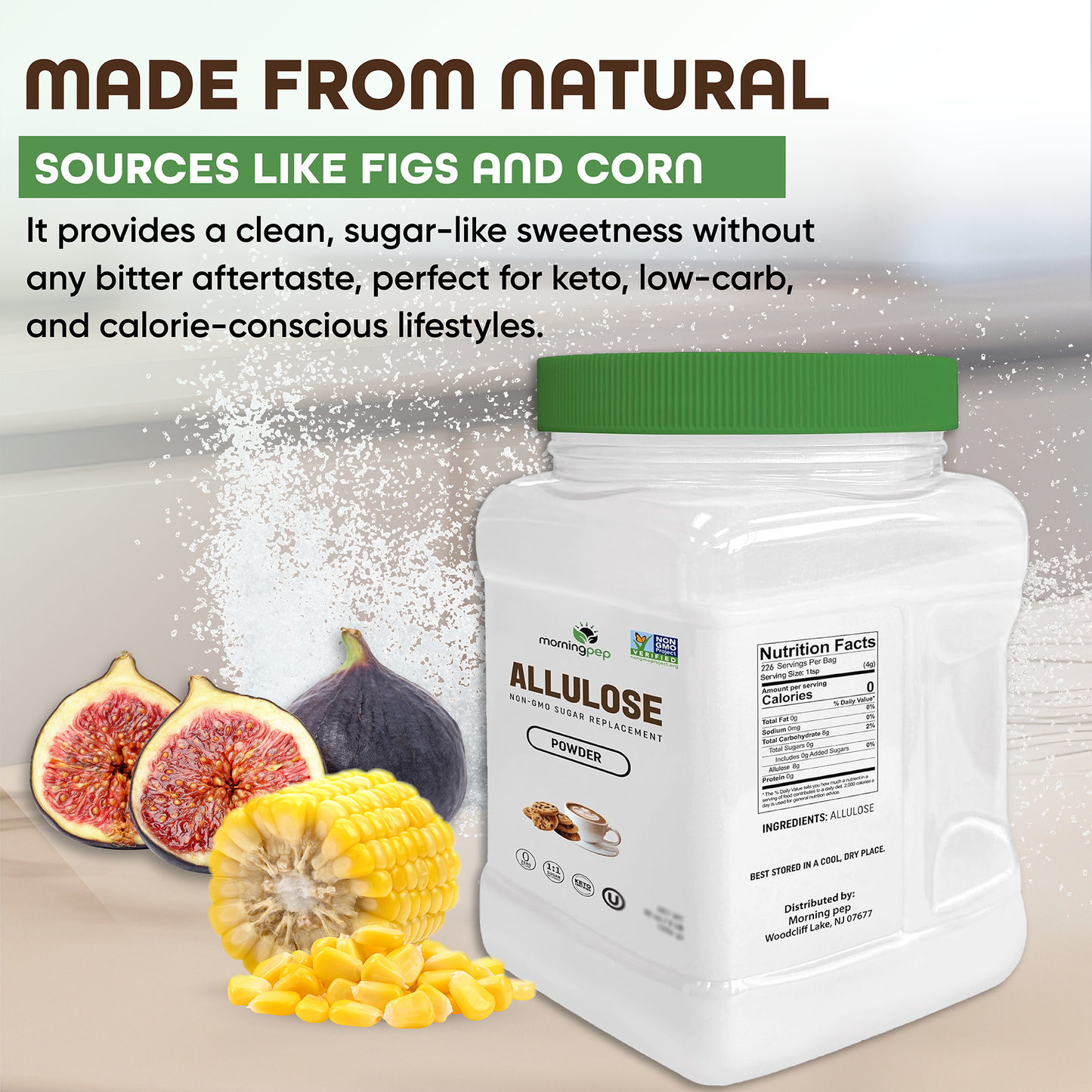 Morning Pep Allulose Sweetener – Zero Calorie Sugar Alternative, 100% Pure, No Erythritol, Non-GMO Project Verified, Keto Certified, OU Kosher, No Fillers, Ideal for Baking and Beverages