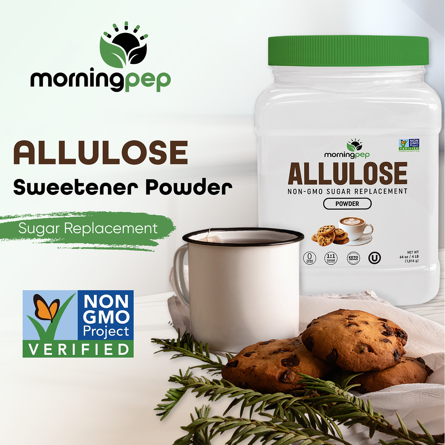 Morning Pep Allulose Sweetener – Zero Calorie Sugar Alternative, 100% Pure, No Erythritol, Non-GMO Project Verified, Keto Certified, OU Kosher, No Fillers, Ideal for Baking and Beverages