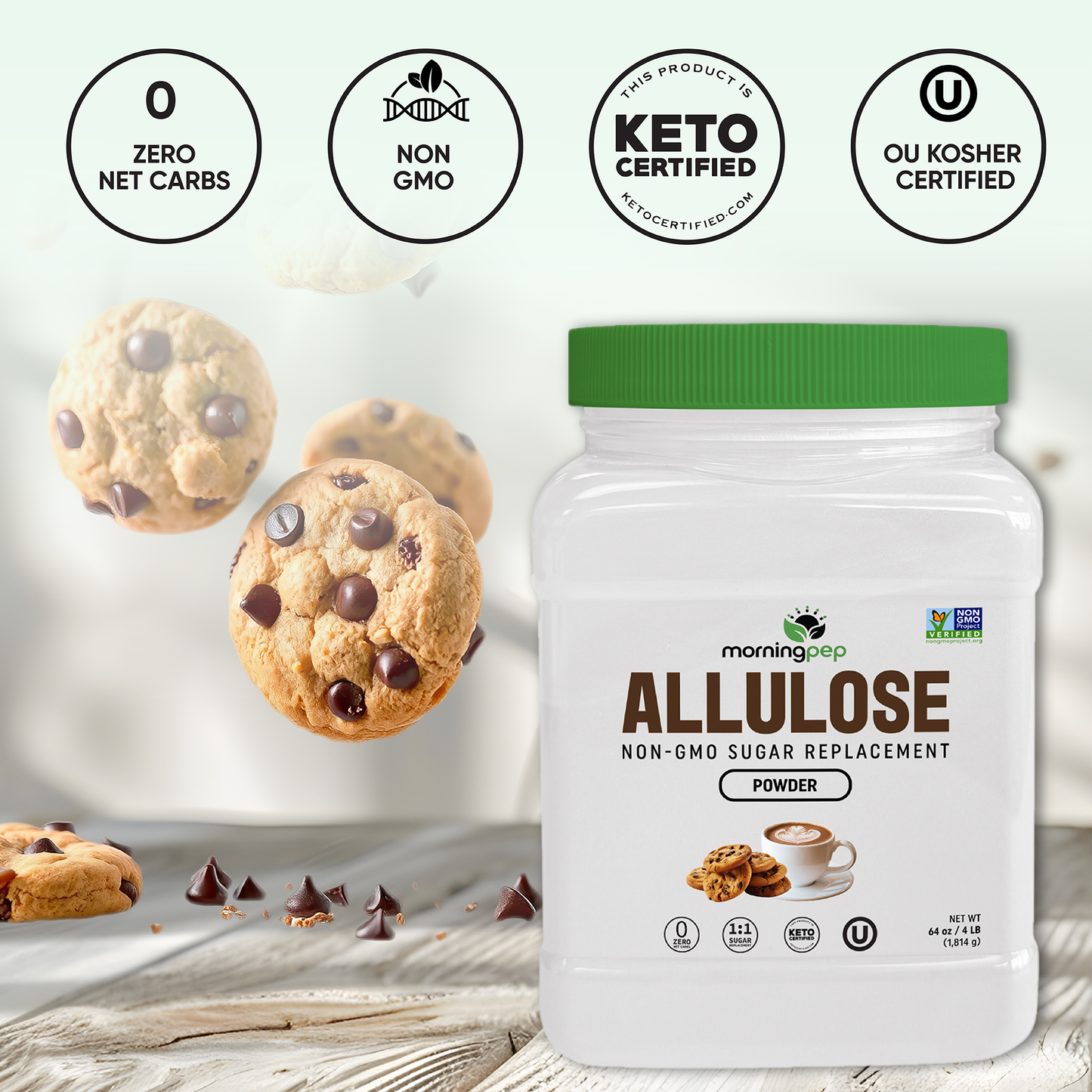 Morning Pep Allulose Sweetener – Zero Calorie Sugar Alternative, 100% Pure, No Erythritol, Non-GMO Project Verified, Keto Certified, OU Kosher, No Fillers, Ideal for Baking and Beverages